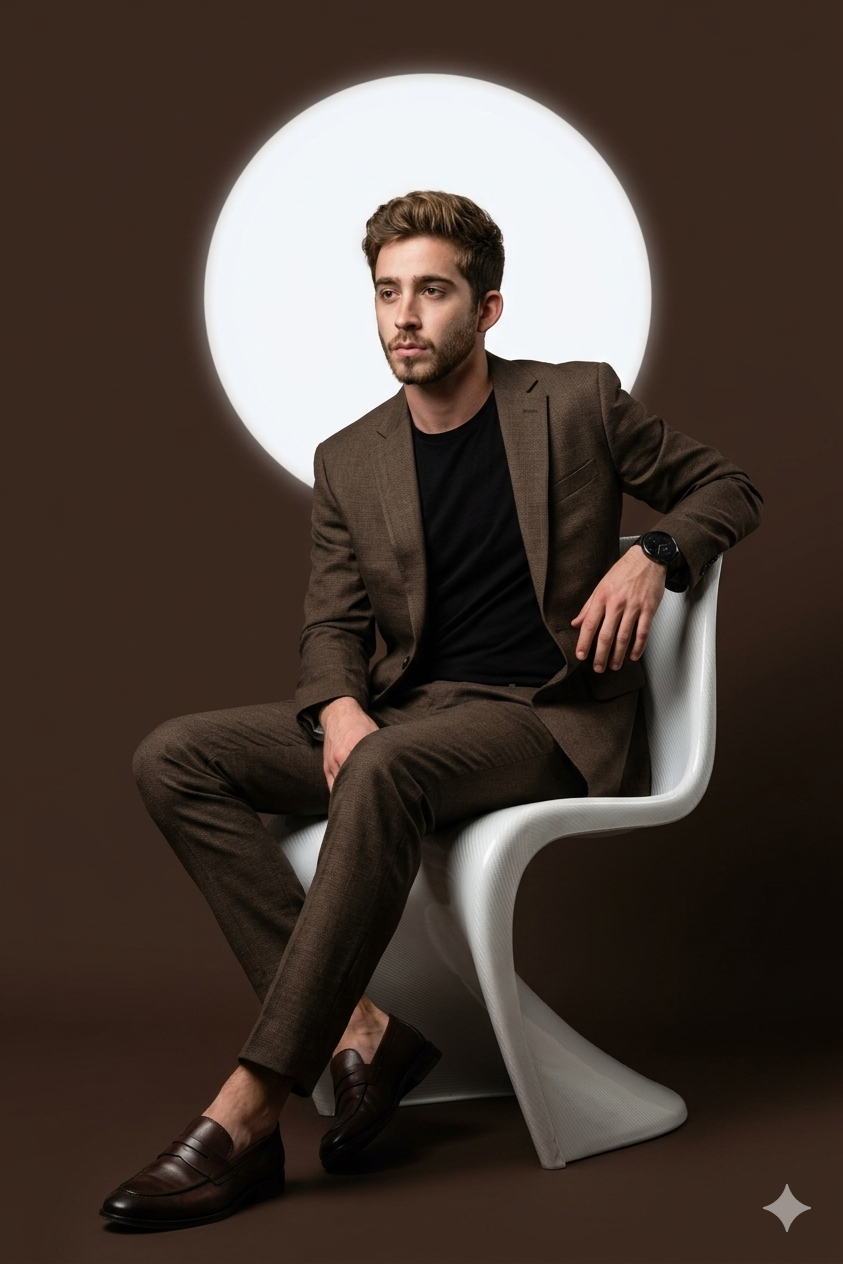 Modern Brown Suit Portrait AI Prompt — cinematic AI image generated with Gemini Modern Brown Suit Portrait AI Prompt — cinematic AI image generated with Gemini